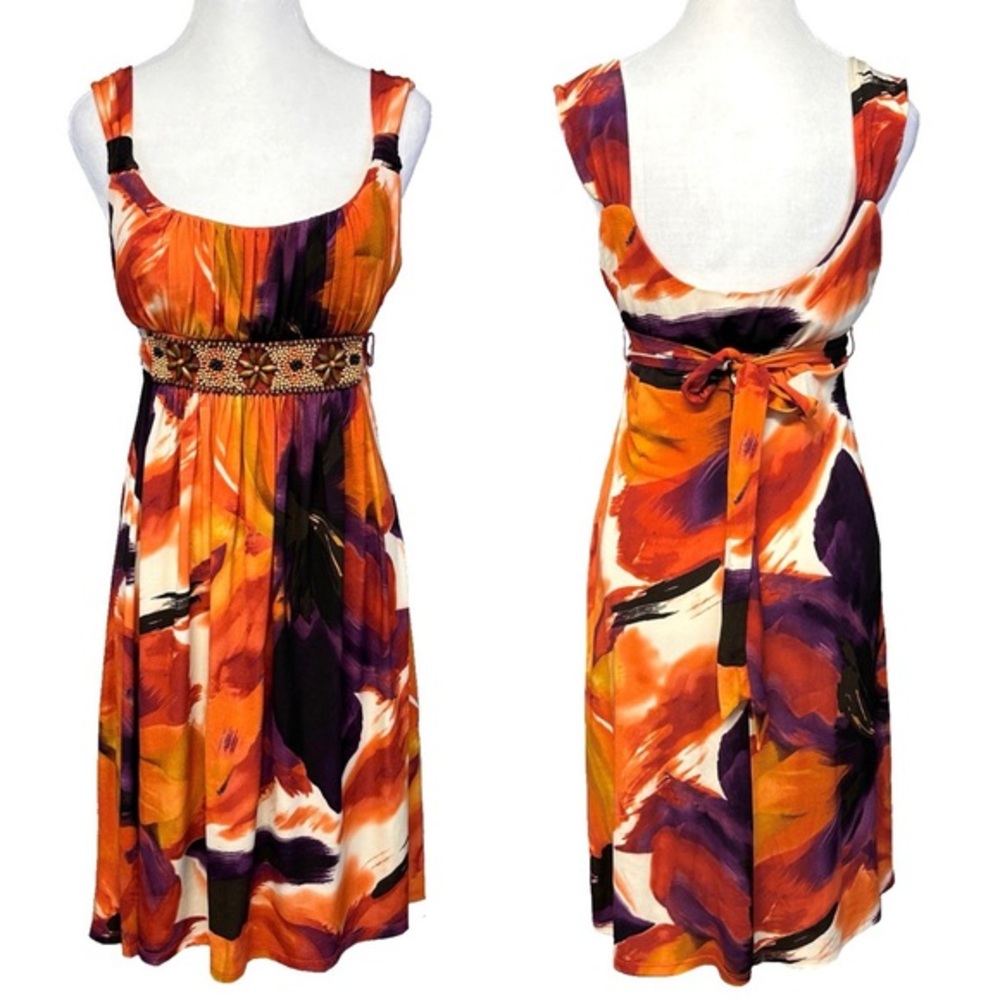 Vintage Bisou Empire Waist Beaded Belted Dress Orange Coastal Boho Hippie 12